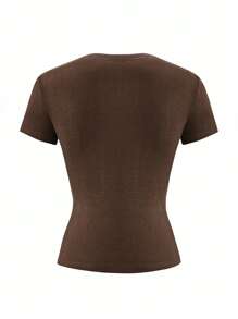Vaiaye Women's Casual Solid Color Short Sleeve Christmas T-Shirt - Brown - View 4