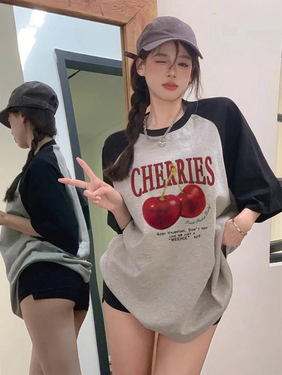 女式夏季寬鬆休閒T恤，有標語和櫻桃印花，套袖式 - 灰色 - 查看 1