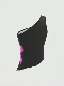 SHEIN Unity 夏季时尚不对称花卉印花无袖上衣 - 黑色 - 查看 2