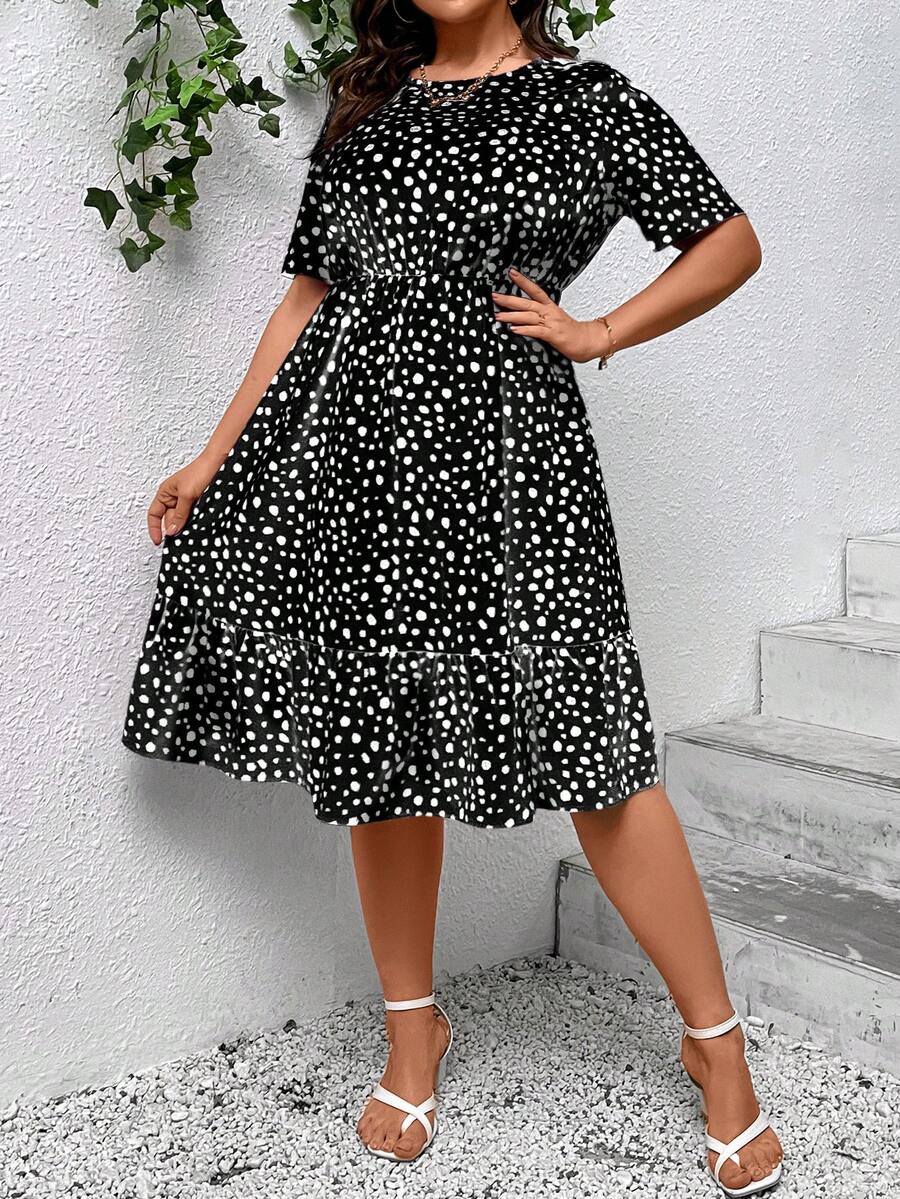 SHEIN Clasi Plus Size Dalmatian Print Ruffle Hem Dress - Black - View 1