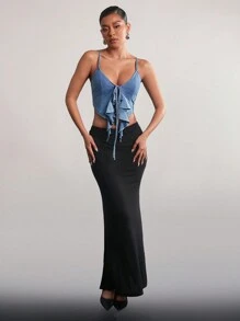 SHEIN Unity 女士夏季前扣鬆緊褶邊牛仔背心上衣，性感 - 淺色水洗藍 - 查看 4