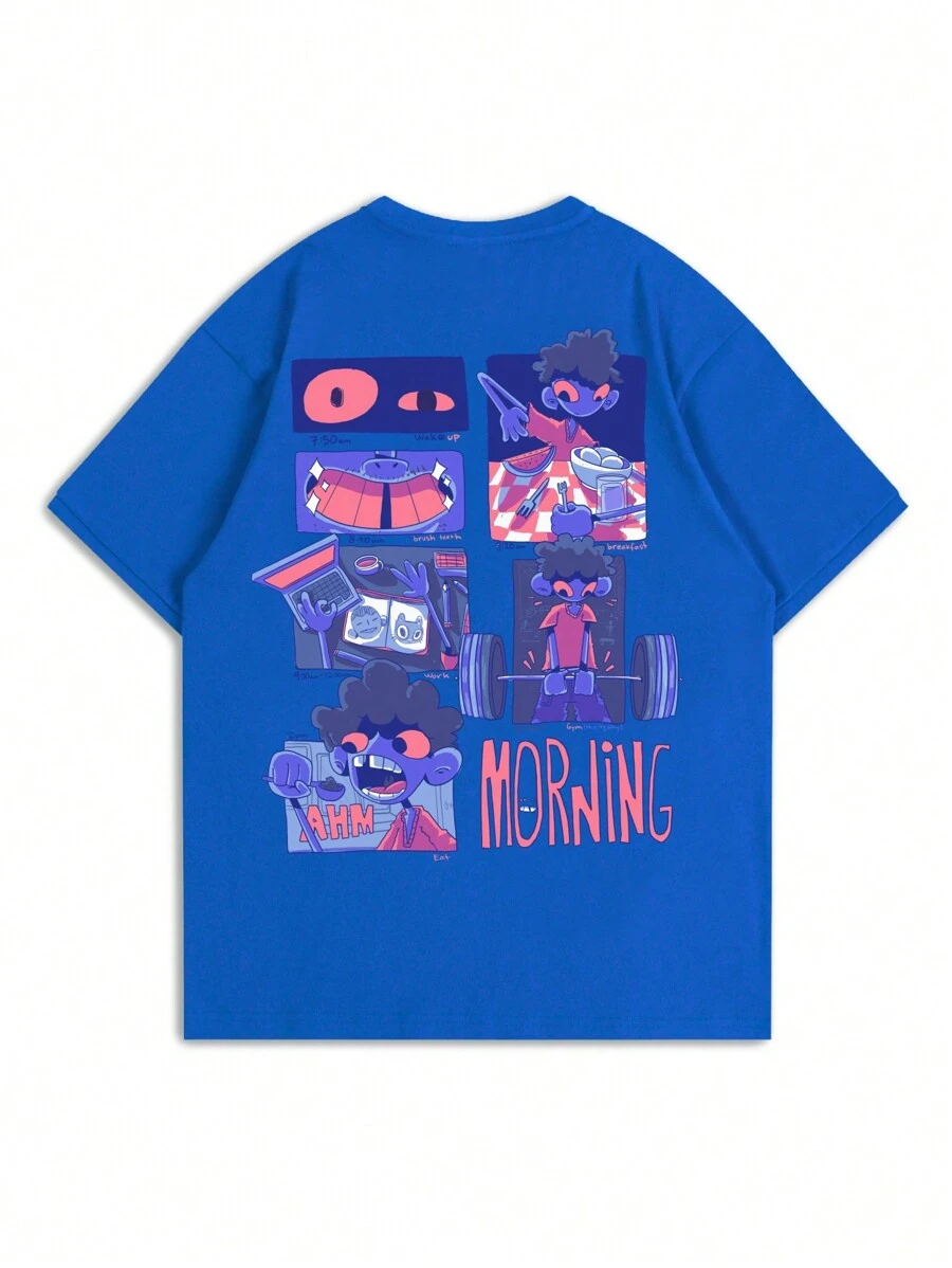 GAWX Artist 男士夏季卡通字母印花圆领短袖休闲 T 恤，100% 纯棉图案 T 恤，节日、新年、度假、春季、节日 - 寶藍色 - 查看 1