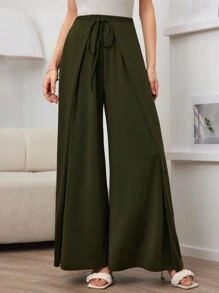 Mulvari 女士休閒色純色腰帶束腰寬腿褲 - 橄欖綠 - 查看 4