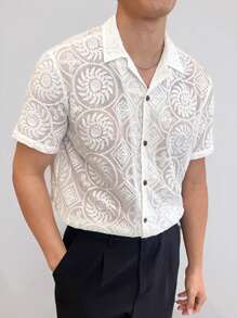 GENTILAND Men's Loose Fit Floral Embroidery Lapel Collar Short Sleeve Button Up Plain All White Shirt For Going Out Masculine - White - View 1