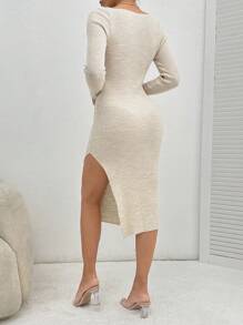 EURMUSE Sweetheart Neck Split Thigh Sweater Dress - Apricot - View 2