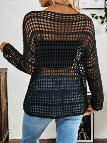 SHEIN LUNE Pull casual transparent décontracté à manches longues et col rond de couleur unie - Noir - Voir 2