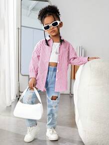 Young Girl Sparkle Striped Loose Fit Woven Long Sleeve Shirt, Spring - Pink - View 4