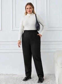 SHEIN Cottnline Plus Size Solid Color Ladies' Pants With Side Pockets - Black - View 3