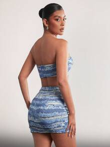 Denimoi Distressed Graphic-Effect Buckle Top & Skirt Two Pieces Set