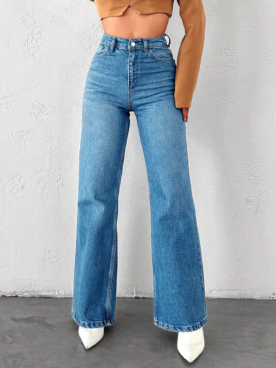 SHEIN Cottnline 高腰直筒牛仔褲 - 淺藍色 - 查看 1