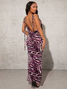 SHEIN SXY 夏季海滩长裙女式性感桃花曲线斑马纹连衣裙摆领大露背夏季服装 - 紫色 - 查看 4