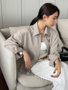 DAZY 女式宽松条纹休闲/校园衬衫学院风上衣，秋季女装长袖上衣 - 卡其色 - 查看 4