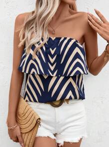 SHEIN Clasi Women's Chevron Print Color-Block Strapless Top - Navy Blue - View 6