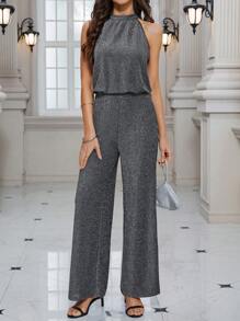 SHEIN Clasi Plus Size Halter Neck Glitter Elegant Party Jumpsuit