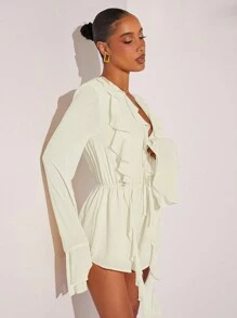 L'Amorae Ruffle Draped Flounce Sleeve Romper - White - View 4