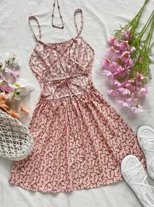 Soleia Đầm Cami hở lưng có dây buộc chéo in hoa, mùa hè - Hồng - Xem 2