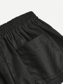 SHEIN 男孩編織純色字母印花束腰短褲，側口袋設計 - 黑色 - 查看 3