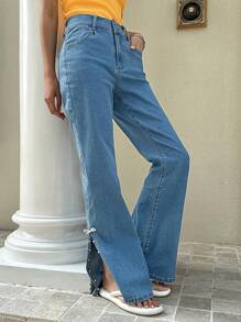 FRIFUL Jean à jambe droite pour femme avec poche latérale, nœud décoratif et ourlet fendu - Bleu azur - Voir 3