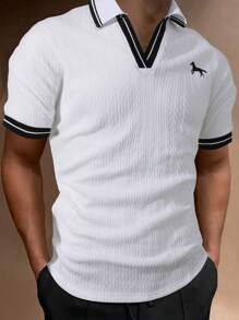 Claim Dot 男士條紋馬印花短袖休閒Polo衫，夏季辦公室和休閒穿著 - 白色 - 查看 3