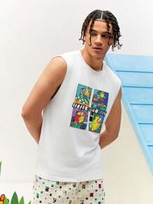 Mr Men Little Miss X SHEIN Men Casual Knitted Cartoon Illustration Printed Tank Top For Summer - White - View 3