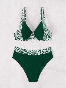 SHEIN Swim 女式印花两件套比基尼套装带随机钢圈，夏季度假沙滩装夏季海滩 - 墨綠色 - 查看 3