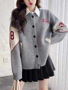 Minimalist Style Pattern Design Cardigan Jacket,Long Sleeve Tops - Grey - View 3