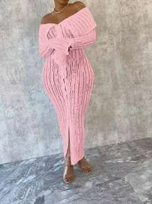 Women Elegant Textured Jacquard Knit Dress Off Shoulder Dress Long Sleeve Button Down High Split Bodycon Party Outfit For Night Out & Events - 粉色 - 查看 4