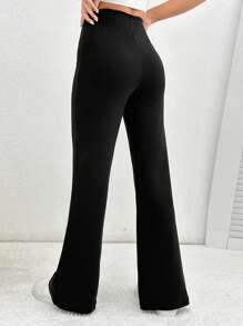 SHEIN PETITE Pantalon confortable noir à grande élasticité et évasé