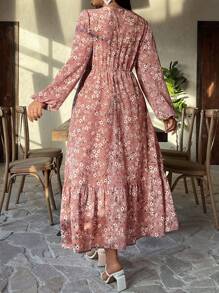 DreamSkyne Plus Size Holiday Casual Ditsy Floral Lantern Sleeve Dress Maxi Women Outfit - Pink - View 2