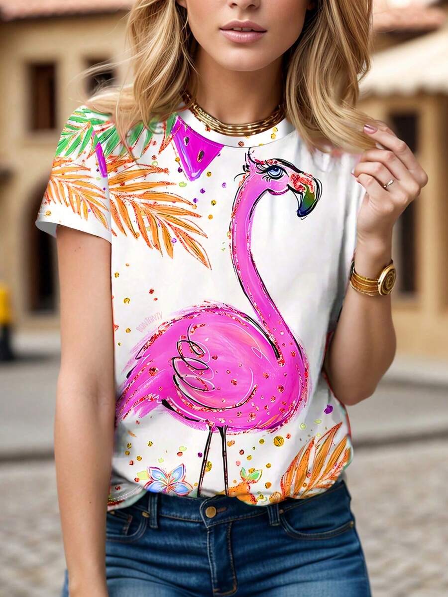 INAWLY Women's Summer Top, Short Sleeve T-Shirt With Tropical Flamingo Animal Print Graphic Tees Women Tops - Multicolor - View 1