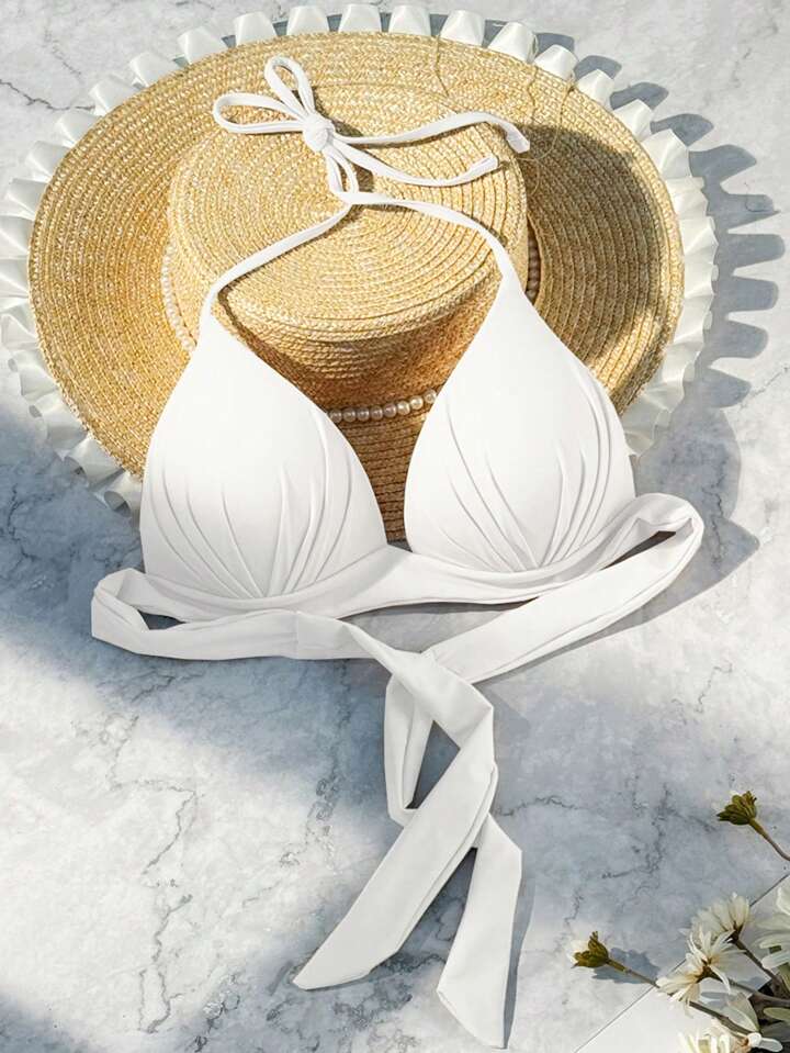 SHEIN Swim Women's Summer Beach Solid Color White Halter Neck Low-Cut Bikini Top (Removable Knotted Strap, PUSH UP, Wireless), Beach Accessories