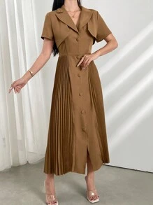 Modelyn Robe à manches courtes plissée pour femmes de couleur unie et simple, idéale pour un usage quotidien - Kaki - Voir 3