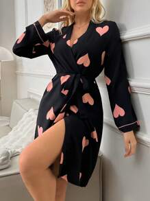Bata con estampado de corazones para mujer, con cinturón, detalles cálidos y elegantes, para otoño e invierno