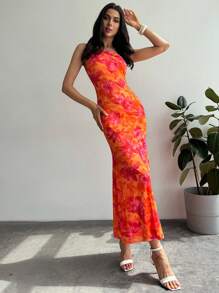 Firerie Vestido largo y elegante con estampado floral, diseño de cola de pez con dobladillo retorcido y un solo hombro, adecuado para vacaciones, citas y festival de música para mujeres