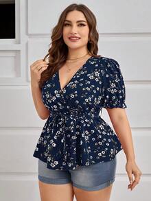 SHEIN Clasi Plus Size V-Neck Cross Wrap Belted Short Sleeve Shirt For Summer - Multicolor - View 7