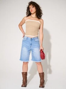 Summer Fashion Color Block Frill Trim Smocked Tube Top - Brown - View 3