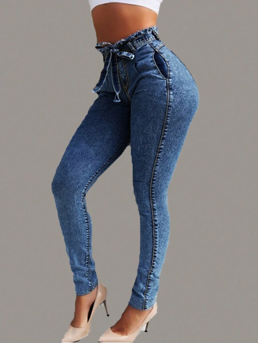 Women's Skinny Jeans With Frayed Waist, Belt And Butt Lifter
