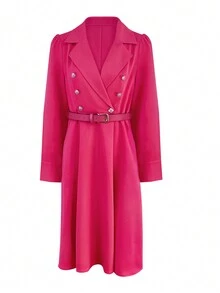 Fall New Arrival Long Sleeve Belted Dress For Women - Hot Pink - View 3