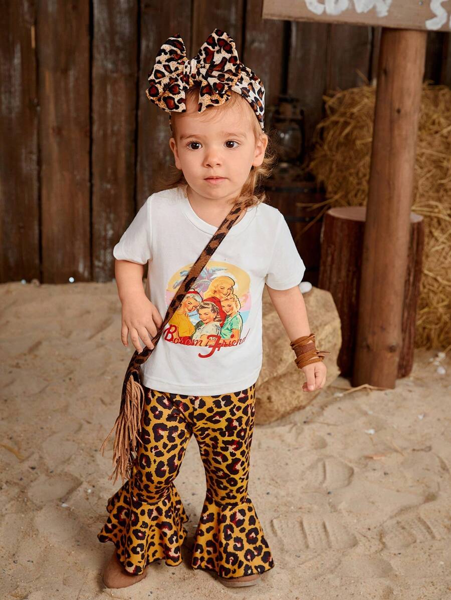 SHEIN Áo thun tay ngắn in chữ & hoạt hình cho bé gái và quần in họa tiết da báo Trang phục thường ngày mùa hè - màu nâu - Xem 1