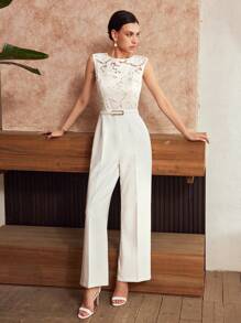 MOTF Classy SOLID GUIPURE LACE BODICE SLANT POCKET JUMPSUIT - White - View 7