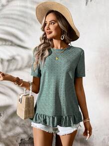 SHEIN LUNE Camiseta de verano para mujeres con dobladillo de volantes y textura unicolor de color