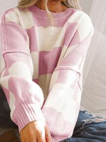 Elegant Plaid Bishop Sleeve Sweater, Long Sleeve Top - Pink - View 2