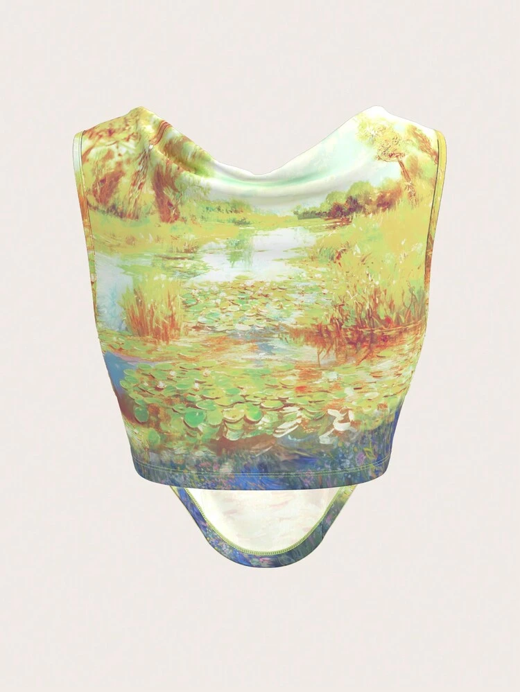 Women's Summer Asymmetrical Hem Cropped Tank Top With Oil Painting Print And V-Neckline