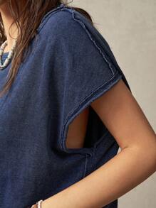 Bohemela Women's Summer Solid Color Round Neck Batwing Short Sleeve Casual T-Shirt For Vacation - Blue - View 8