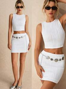 SHEIN Frenchy Váy trắng, Bộ váy hai mảnh, Áo ba lỗ màu trắng, Bộ đồ đi chơi mùa hè cho nữ Màu trơn đơn giản Áo không tay hàng ngày và Váy Bộ hai mảnh Công sở cho nữ Bộ hai mảnh màu trắng mùa hè, Thời trang đơn giản Phong cách tiền cũ, Thích hợp để mặc đi làm hàng ngày - trắng - Xem 4