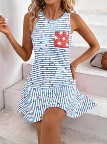 SHEIN Essnce Summer/Autumn Ladies' American Flag Independence Day Red Striped Pentagram Printed Tank Dress