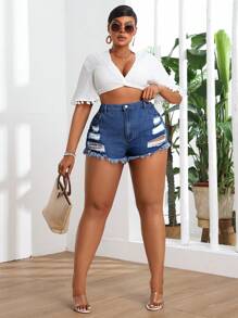 SHEIN SXY Quần Short Denim Plus Size Không Co Giãn, Thiết Kế Khoét Lỗ Và Viền Sờn, Gợi Cảm - Màu xanh lam - Xem 4