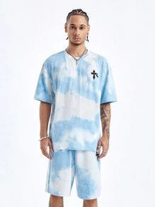 Manfinity VCAY Men's Loose Fit Cross Print Round Neck Knit T-Shirt Set, Suitable For Summer