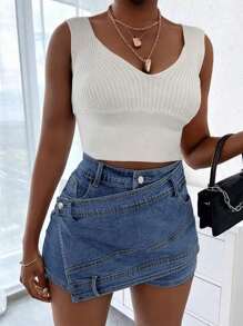 90s Rave Street Wrap Stretch Asymmetrical A-Line Patch Pocket Back Skinny Cargo Mini Denim Skort - Medium Wash - View 4