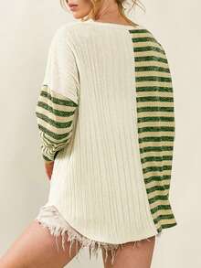 Women's Khaki Striped Patch Textured Fabric Long Sleeve Top - Khaki - View 2